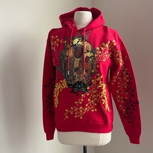 Upcycled Madonna & Child Hoodie Sz Small Red Patchwork Streetwear Unisex